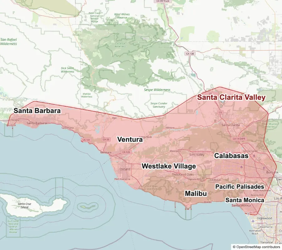 Golden State Screen service area map shaded across Santa Barbara, Ventura, the Santa Clarita Valley, Calabasas, Westlake Village, Malibu, Pacific Palisades and Santa Monica